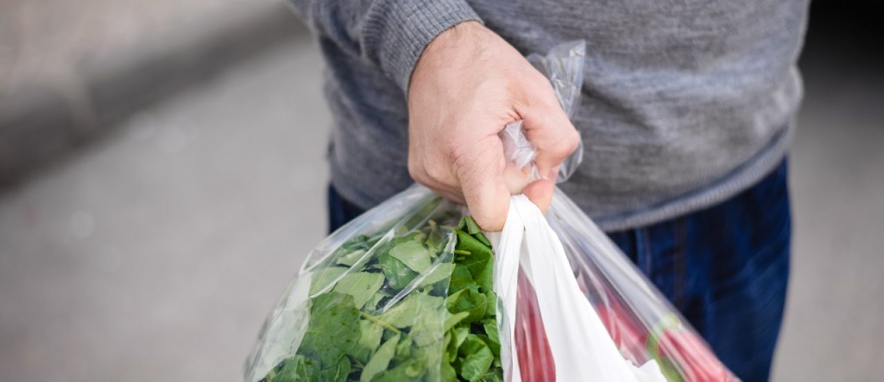 Male carrying bag in his hand after shopping. Closeup of bag full of fruits and vegetables.