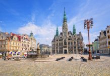 The town hall and the central square in Liberec, Czech Republic