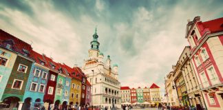 Poznan, Posen market square, old town, Poland. Town hall and colourful historical buildings. Vintage