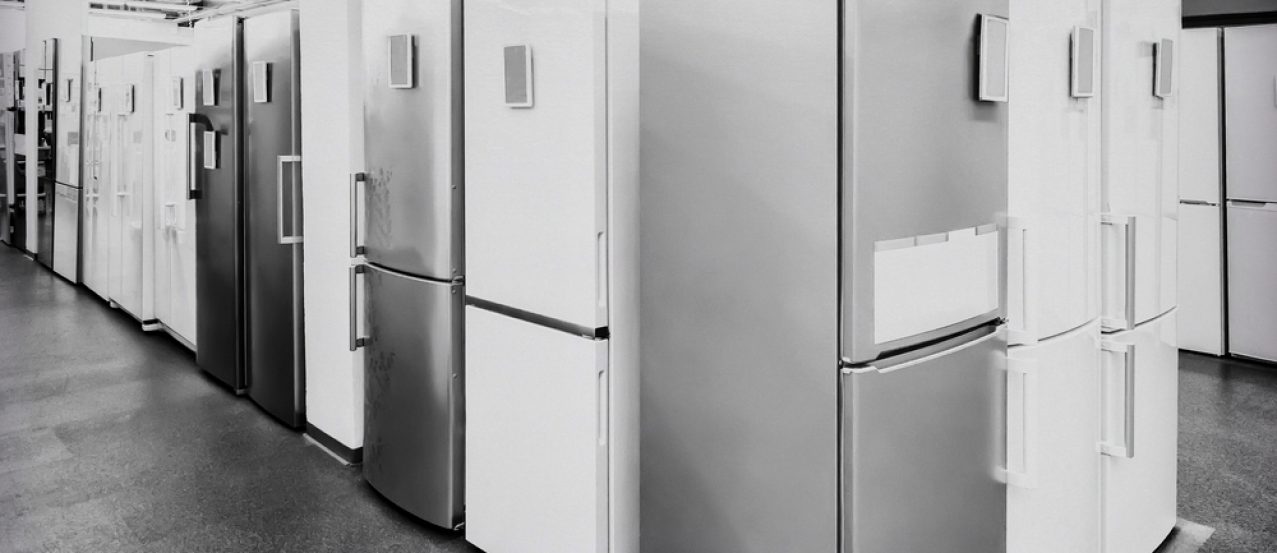 Appliances the store presents for sale a large selection of modern fridges different models.
